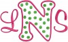 L and S are from our #77 Girly Font set and the N is from this set [#376].  Finished height and width are 5.9” x 9.6”