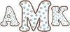 A and K are from our #374 Polka Dot Font 4" set and the M is from our #376 Polka Dot Font 6”set.  Finished height and width are 6” x 13”